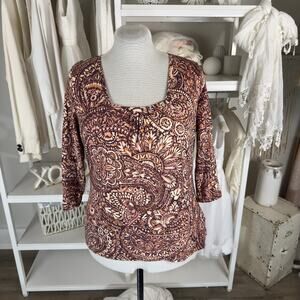 Liz Claiborne Women's Size XL Brown Paisley Print 3/4 Sleeve Blouse #3478